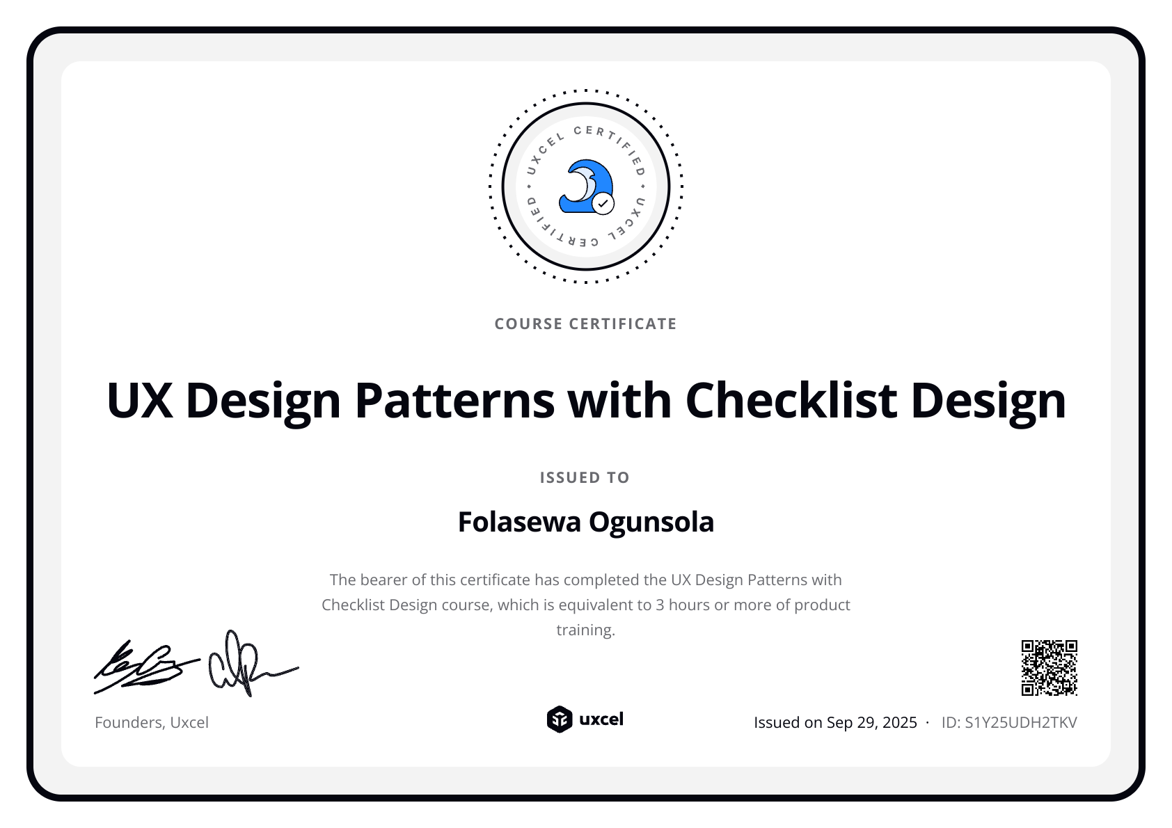 Sewa Ogunsola's certificate